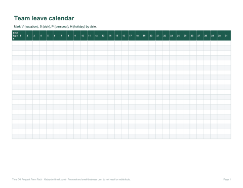 Preview of the first page of Leave calendar (XLSX)