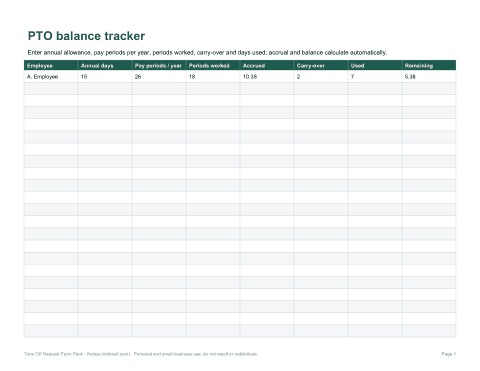 Preview of the first page of PTO tracker (XLSX)
