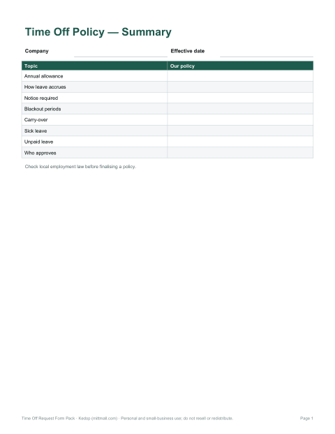 Preview of the first page of Policy summary (DOCX/PDF)